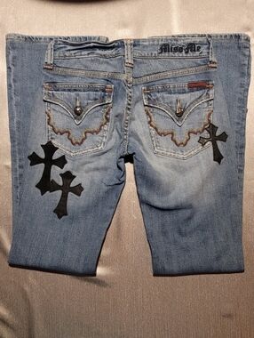 Miss Me Light Blue Denim Cropped Jeans with Black Cross Patches